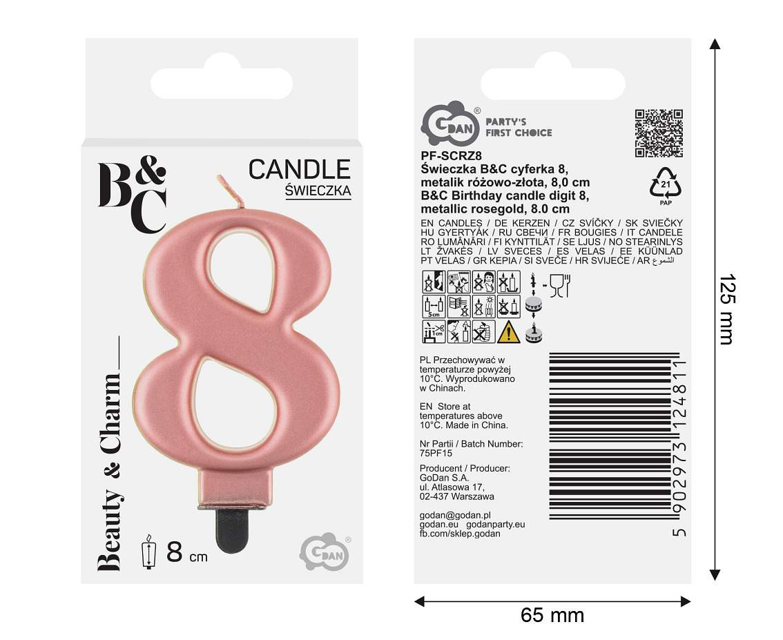 Birthday candle digit 8, metallic rosegold, 8 cm